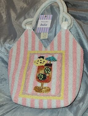 Handcrafted In India  Pink & White Striped Beaded Cocktail Clutch